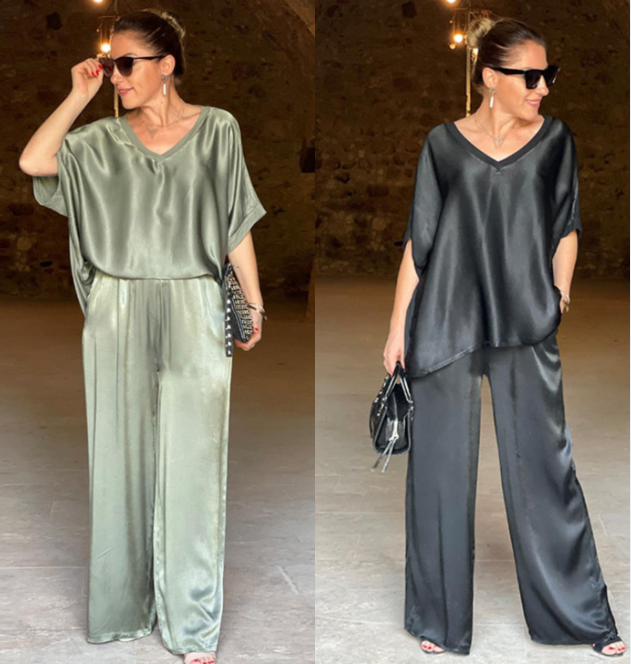 Elegantes Glänzendes zweiteiliges Set mit V-Ausschnitt in Übergröße