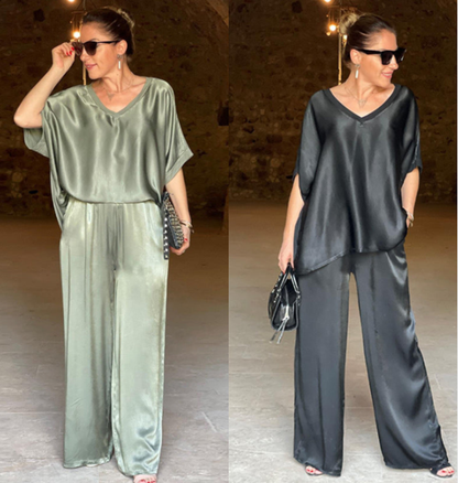 Elegantes Glänzendes zweiteiliges Set mit V-Ausschnitt in Übergröße