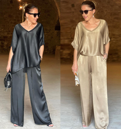 Elegantes Glänzendes zweiteiliges Set mit V-Ausschnitt in Übergröße