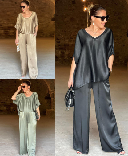 Elegantes Glänzendes zweiteiliges Set mit V-Ausschnitt in Übergröße