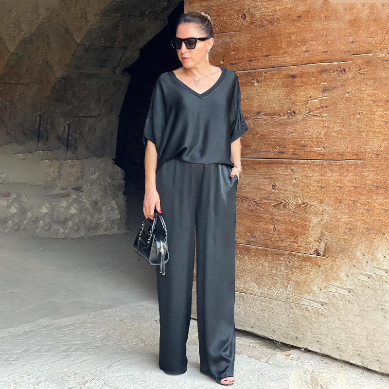 Elegantes Glänzendes zweiteiliges Set mit V-Ausschnitt in Übergröße