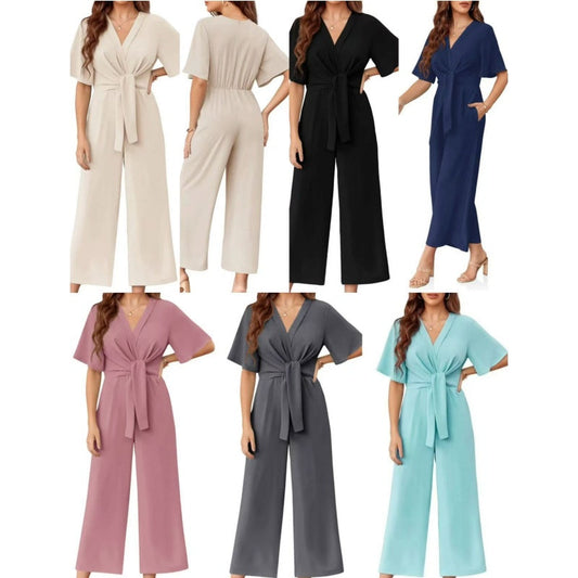Eleganter V-Ausschnitt Jumpsuit mit breiter Taille und Bindeband für Damen