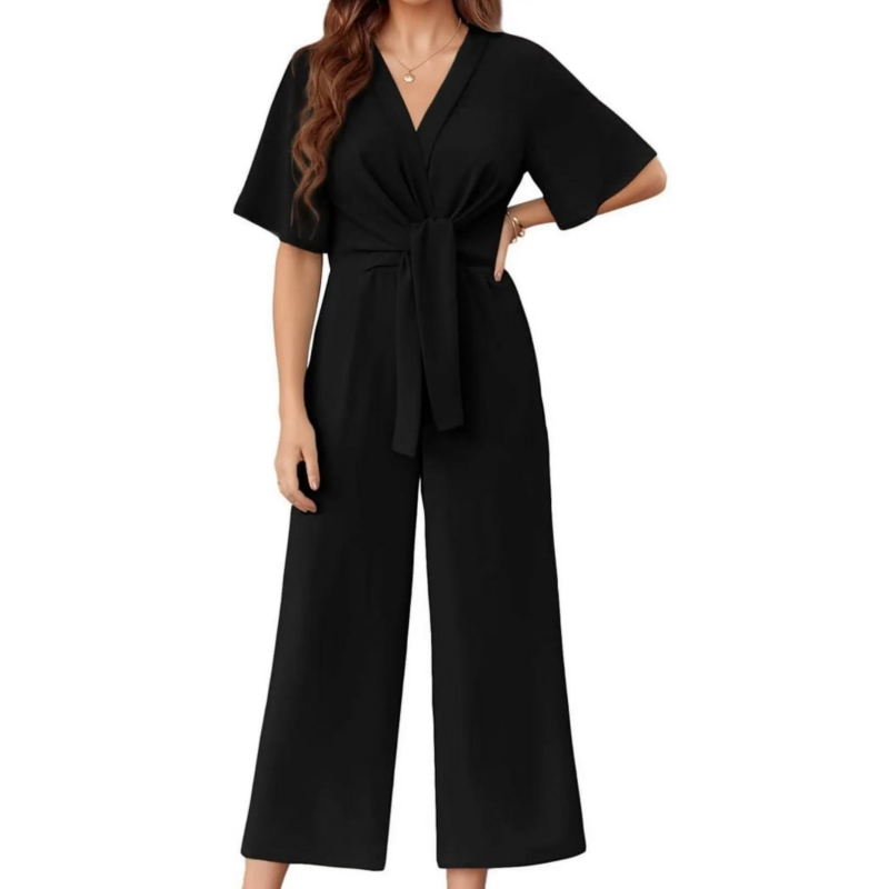Eleganter V-Ausschnitt Jumpsuit mit breiter Taille und Bindeband für Damen