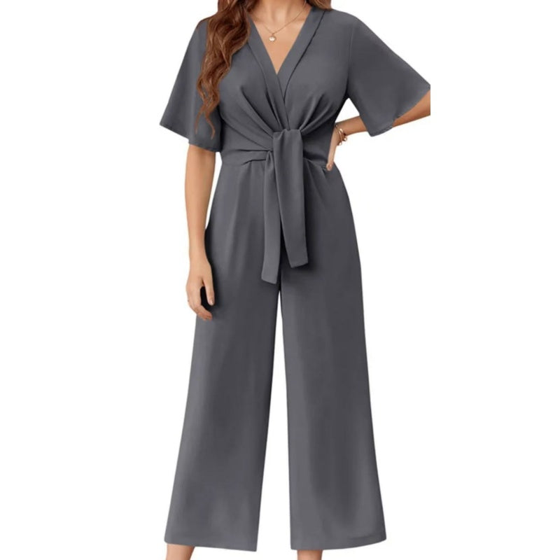 Eleganter V-Ausschnitt Jumpsuit mit breiter Taille und Bindeband für Damen