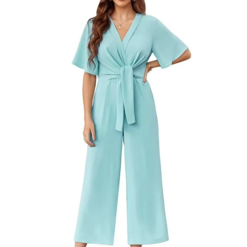 Eleganter V-Ausschnitt Jumpsuit mit breiter Taille und Bindeband für Damen